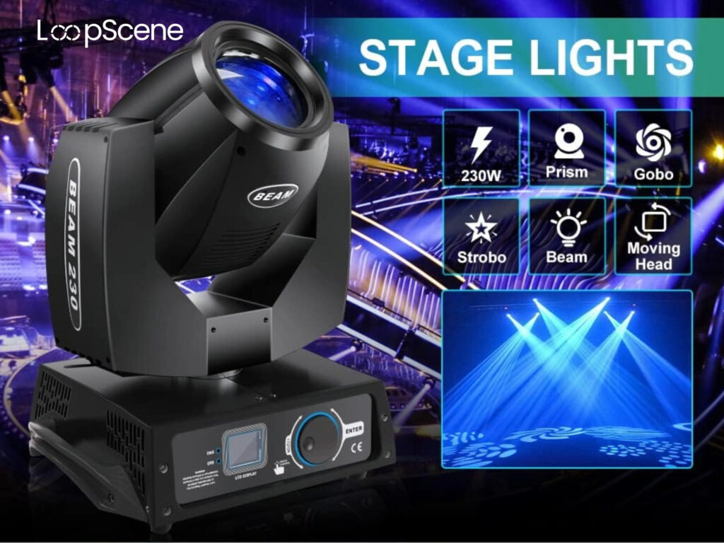 Multiple 7R Beam Moving Heads creating synchronized light beams.